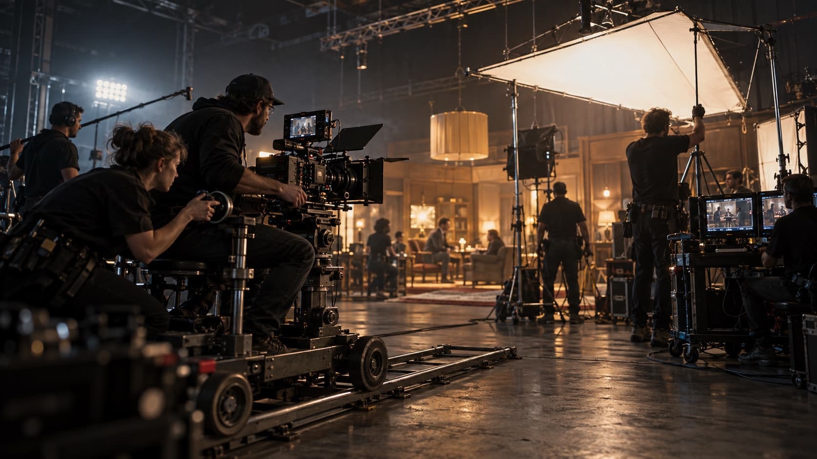 Cinema crew operating camera, lighting, grip and monitoring systems on a soundstage