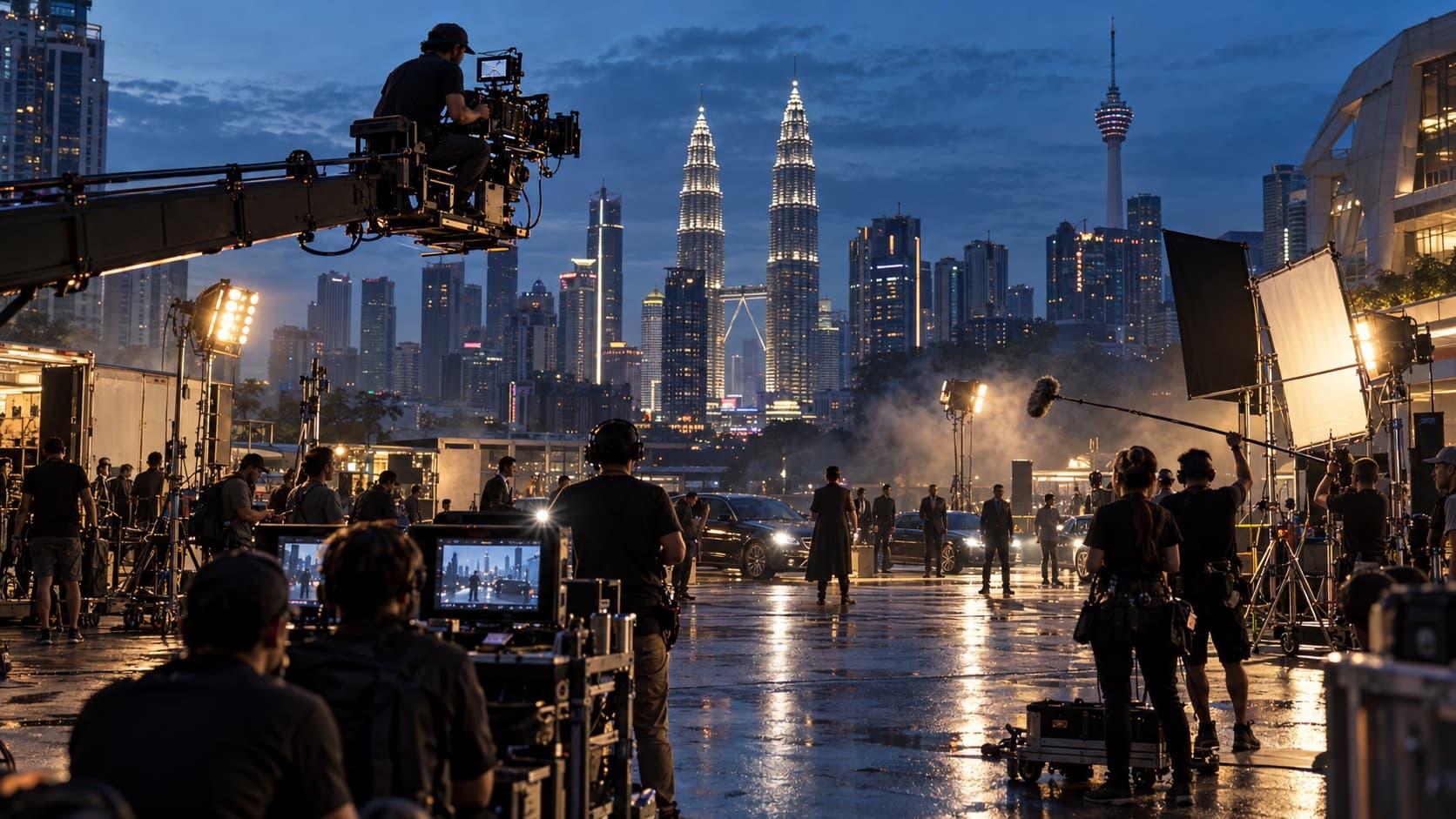 Large-scale feature film set operating at night in Kuala Lumpur