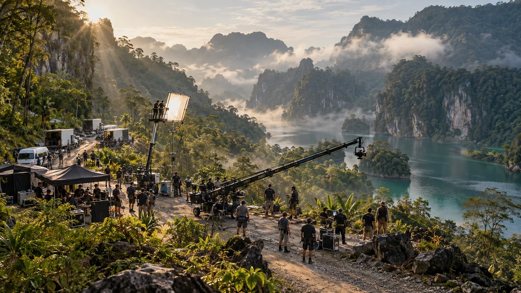 Large film unit operating in a dramatic Malaysian tropical location