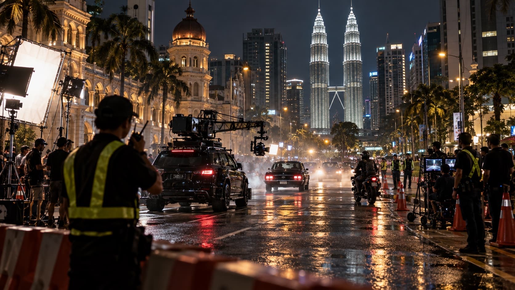 Controlled film shoot operating on a central Kuala Lumpur boulevard at night