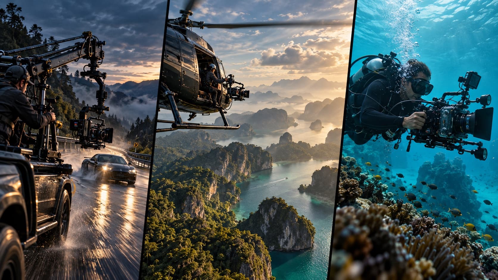Triptych of action camera rigging, aerial cinematography and underwater filmmaking